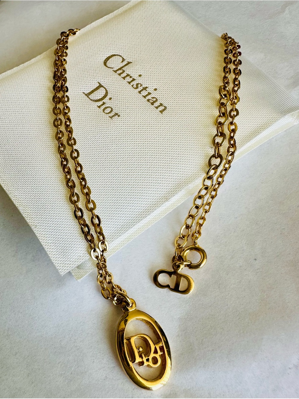 Authentic Christian Dior Vintage Gold Logo Pendant Necklace | 17”
